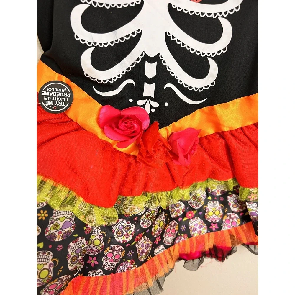 Halloween Light Up Sugar Skull Fancy‎ Dress Costume Girl's Child Size M 8-10 New